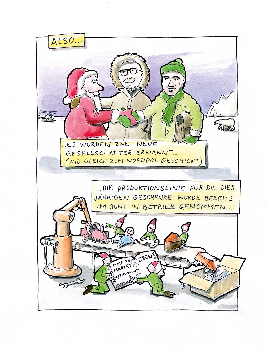 Weihnachten. Produktionslinie für Geschenken. Prozessoptimierung. Cartoon