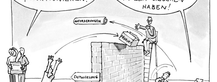 Business Illustration, Cartoon, Christian Ridder, Handbuch Prozessberatung, Marketing vs. Entwicklung
