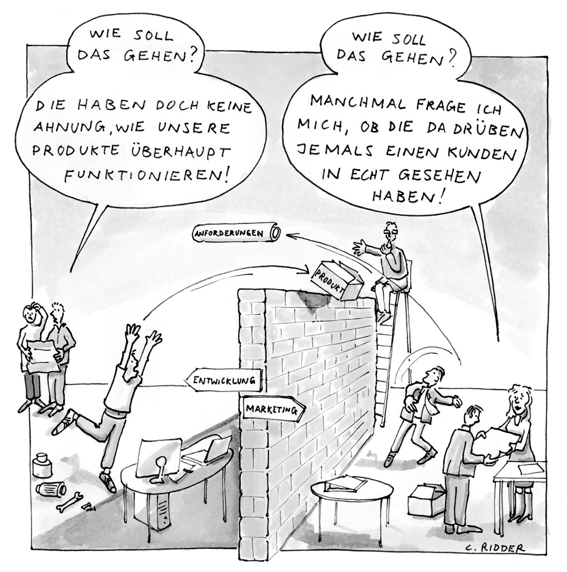 Business Illustration, Cartoon, Christian Ridder, Handbuch Prozessberatung, Marketing vs. Entwicklung