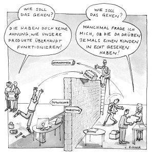 Business Illustration, Cartoon, Christian Ridder, Handbuch Prozessberatung, Marketing vs. Entwicklung
