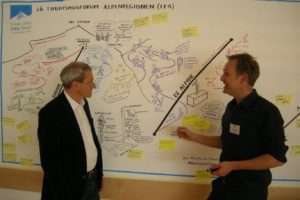 Graphic Recorder spricht mit Teilnehmer der Konferenz