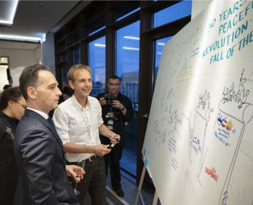 Aussenminister Maas und Graphic Recorder Christian Ridder vor dem "Work in Progress"